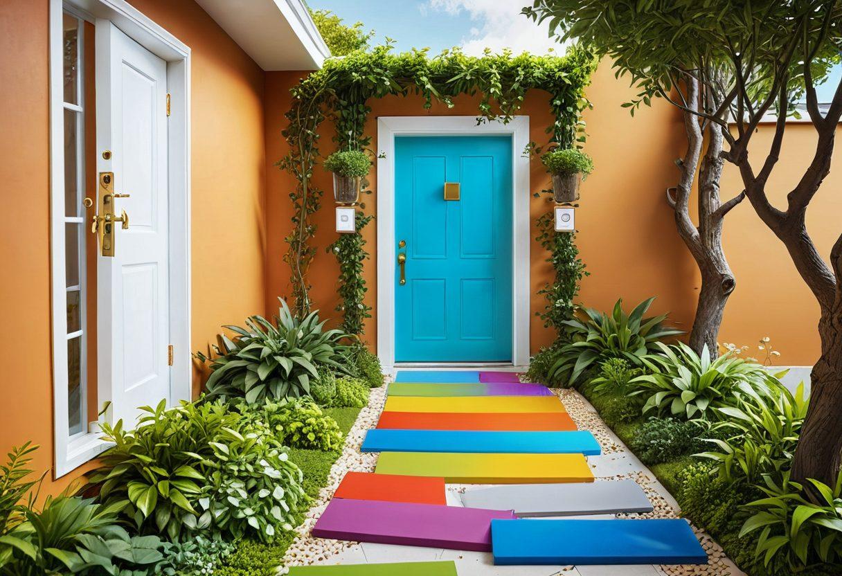 A vibrant, colorful pathway leading towards an open door symbolizing certification, surrounded by joyful learners engaged in collaborative activities, such as reading, writing, and discussing, with icons representing various professional skills floating in the air. The scene should radiate positivity and growth, with lush greenery on either side of the path. super-realistic. vibrant colors. 3D.