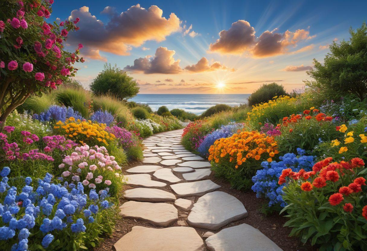 A winding pathway lined with colorful flowers leads towards a bright horizon, symbolizing the journey of skill elevation. Include diverse individuals joyfully engaging in learning activities, such as studying, collaborating, and presenting. The sky is bright with soft clouds, representing hope and achievement. Elements of professional accreditation, like diplomas and badges, can be subtly integrated along the path. vibrant colors. super-realistic. inspirational.