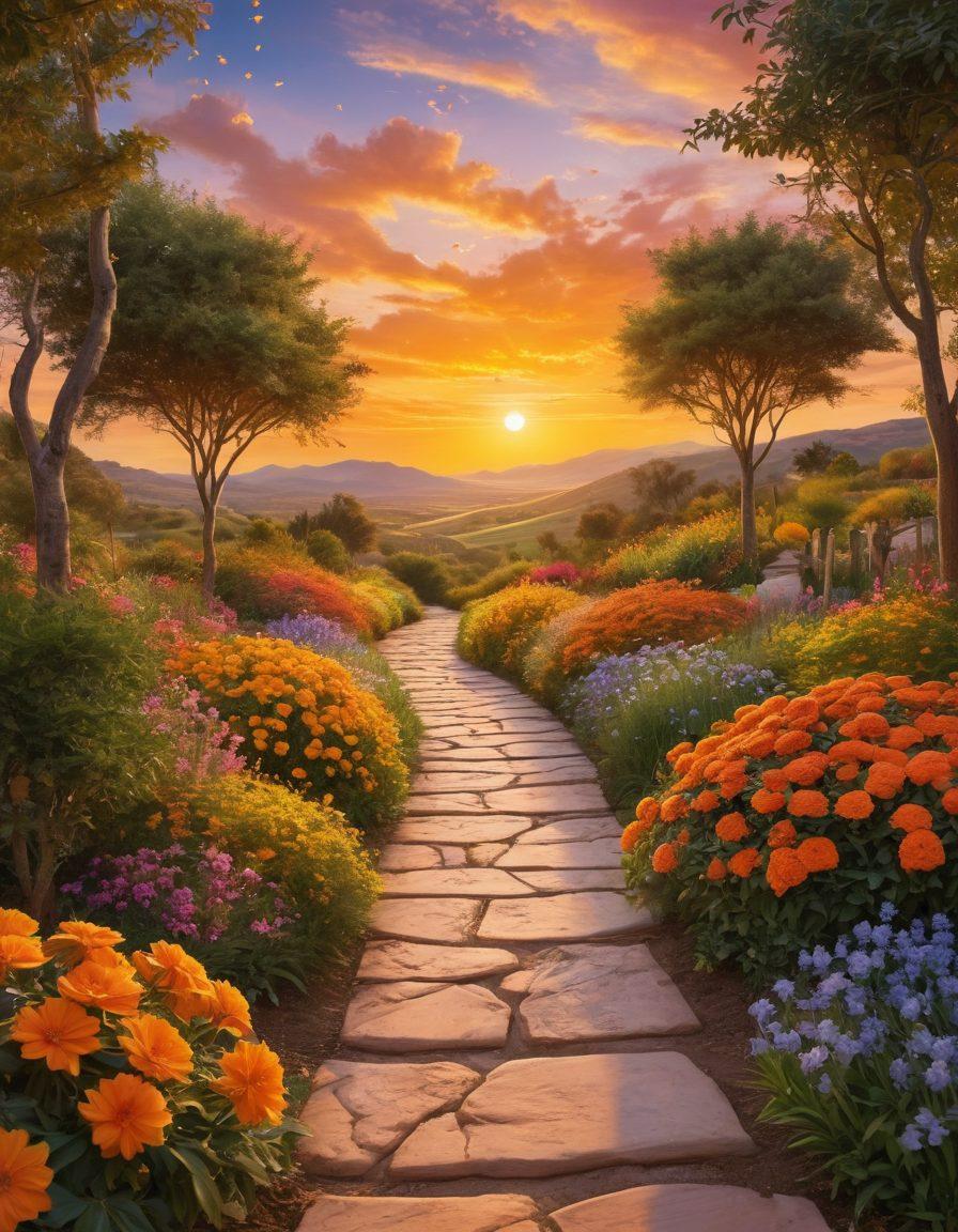 A whimsical pathway winding through a colorful landscape filled with joyful certification symbols like stars, trophies, and certificates, leading towards a bright horizon symbolizing achievement. Include diverse characters celebrating their success along the way, with cheerful expressions. The sky should be painted in warm hues of sunset, reflecting positivity and hope. super-realistic. vibrant colors. bright background.